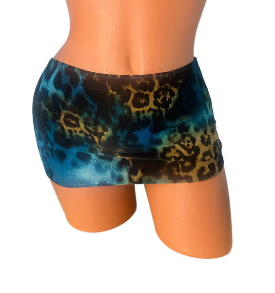Blue Brown Animal Print Knit Micro Mini Skirt, Exotic Dance Wear