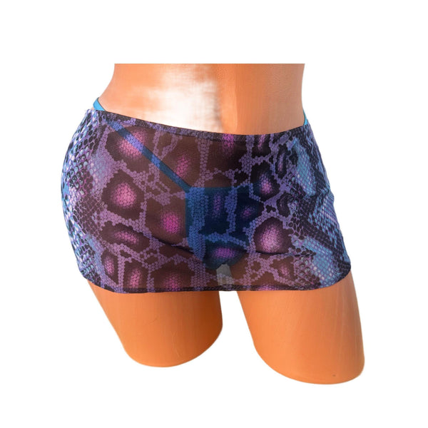 Blue Purple sheer Animal Print Knit Micro Mini Skirt, Exotic Dance Wear