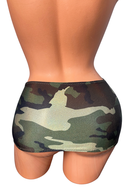 Metallic Large Print Olive Green Camouflage Micro mini skirt cover up