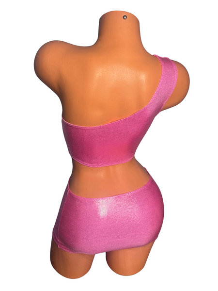 One Shoulder Pink Metallic  Micro Skirt Set
