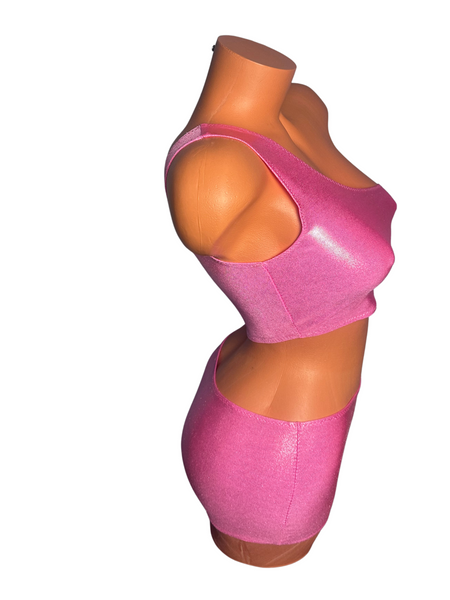 One Shoulder Pink Metallic  Micro Skirt Set