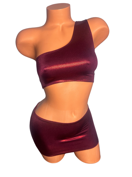 One Shoulder Burgundy Micro Skirt Set