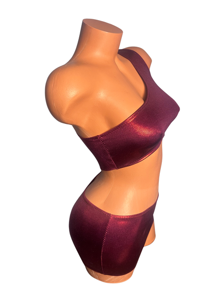 One Shoulder Burgundy Micro Skirt Set