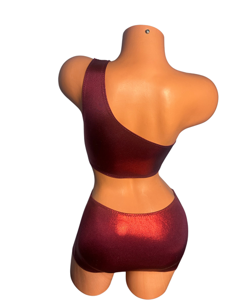 One Shoulder Burgundy Micro Skirt Set