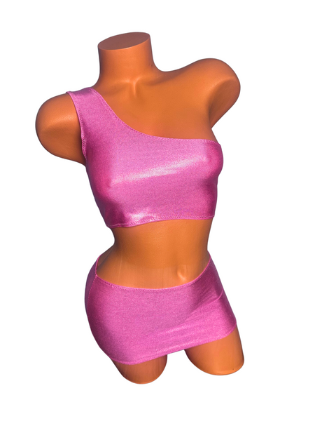 One Shoulder Pink Metallic  Micro Skirt Set