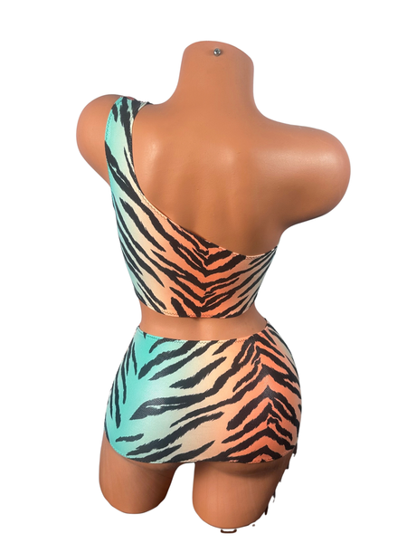 One Shoulder Multicolor Tiger Print Micro Skirt Set