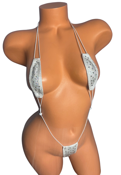 Silver on White Sparkle  Crystal Thong Micro Slingshot Bikini