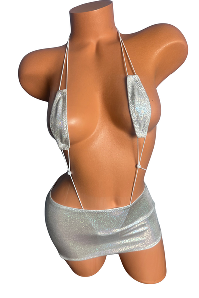 Silver on White Sparkle Thong Micro Slingshot Bikini