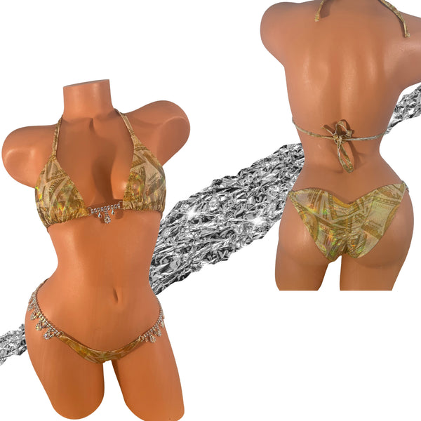 Gold Money Print Cheeky Brazilian Bikini Chandelier connector