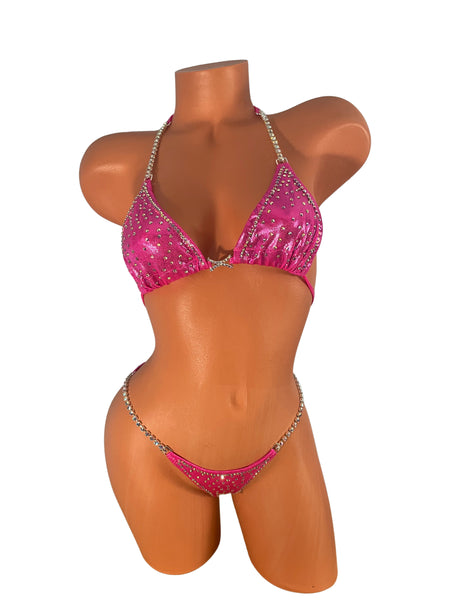 Bright Pink AB Crystal Trim Competition Bikini