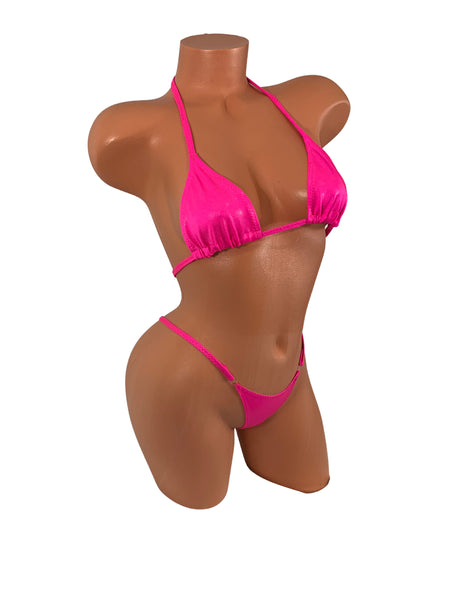 Hot Pink wet look Y bottom Micro thong Bikini
