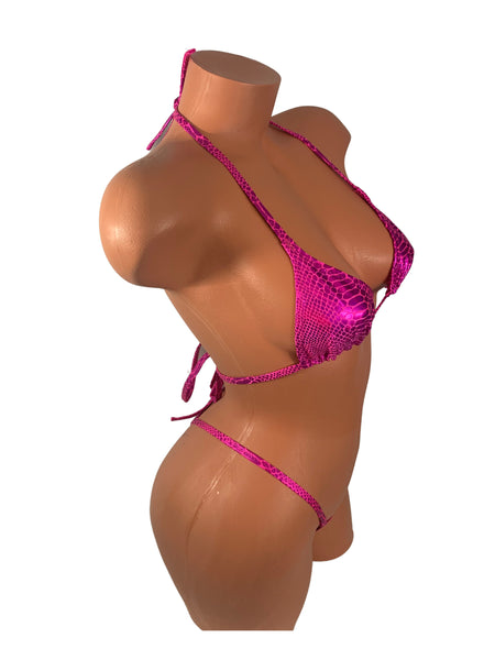 Hot Pink Metallic snake print Y bottom Micro thong Bikini