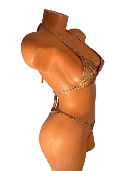 Metallic Tan Python print wide front thong bikini