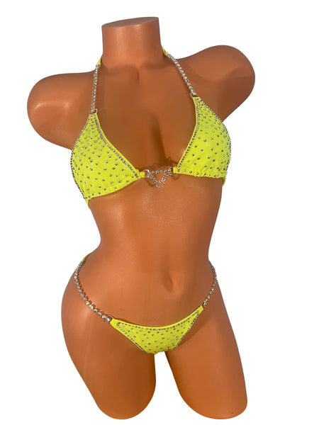 Neon Yellow wet look AB Crystal Trim Competition Bikini